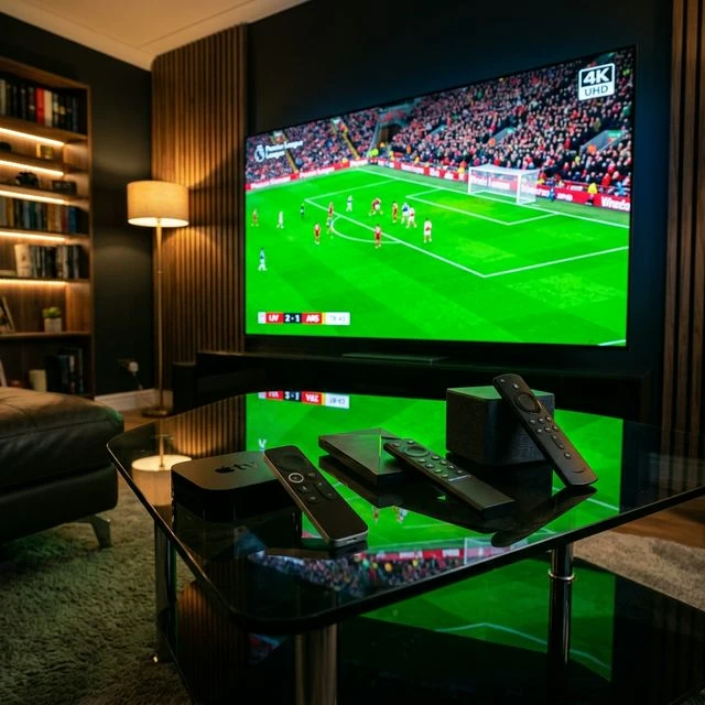 High-tech Amazon TV Stick plugged into a 4K HDMI TV port glowing with fast data streams