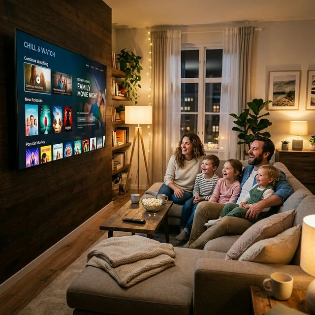 Happy family sitting on a couch in a cozy living room watching premium live TV on a smart TV