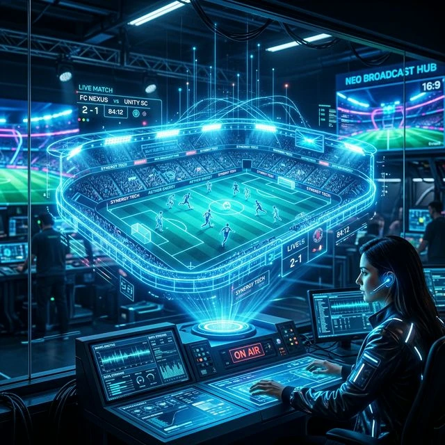 Futuristic holographic display of a live football match showing advanced sports broadcasting technology