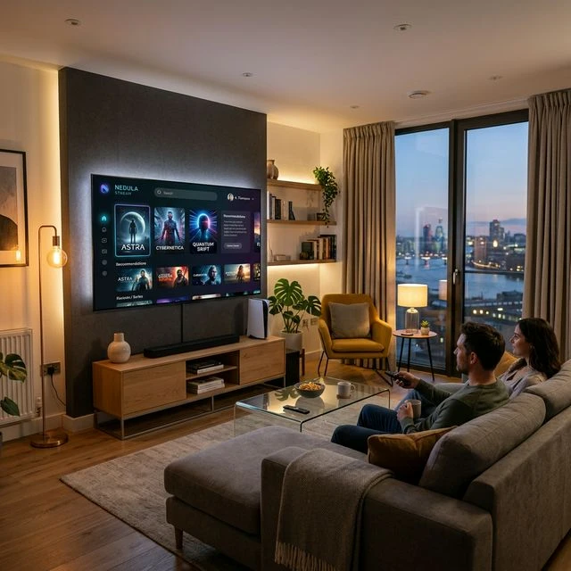 Sleek modern living room in the UK with a large flat screen TV showing a futuristic streaming interface