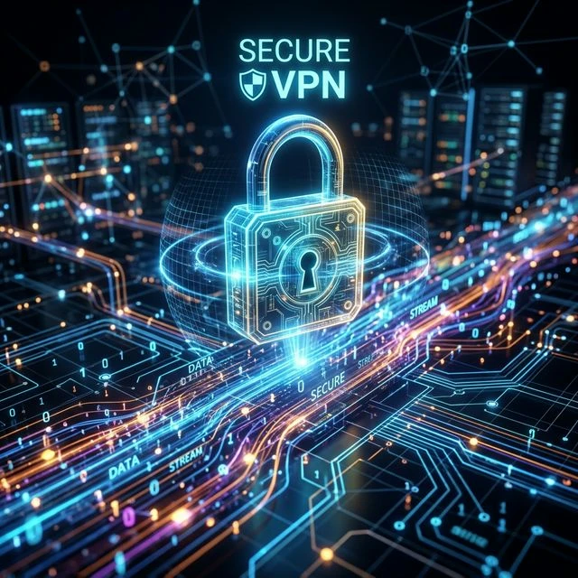 Glowing 3D digital padlock over a fiber-optic data stream illustrating VPN internet security