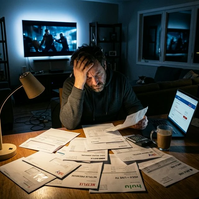 Frustrated TV viewer looking at expensive cable bills and multiple streaming service subscriptions